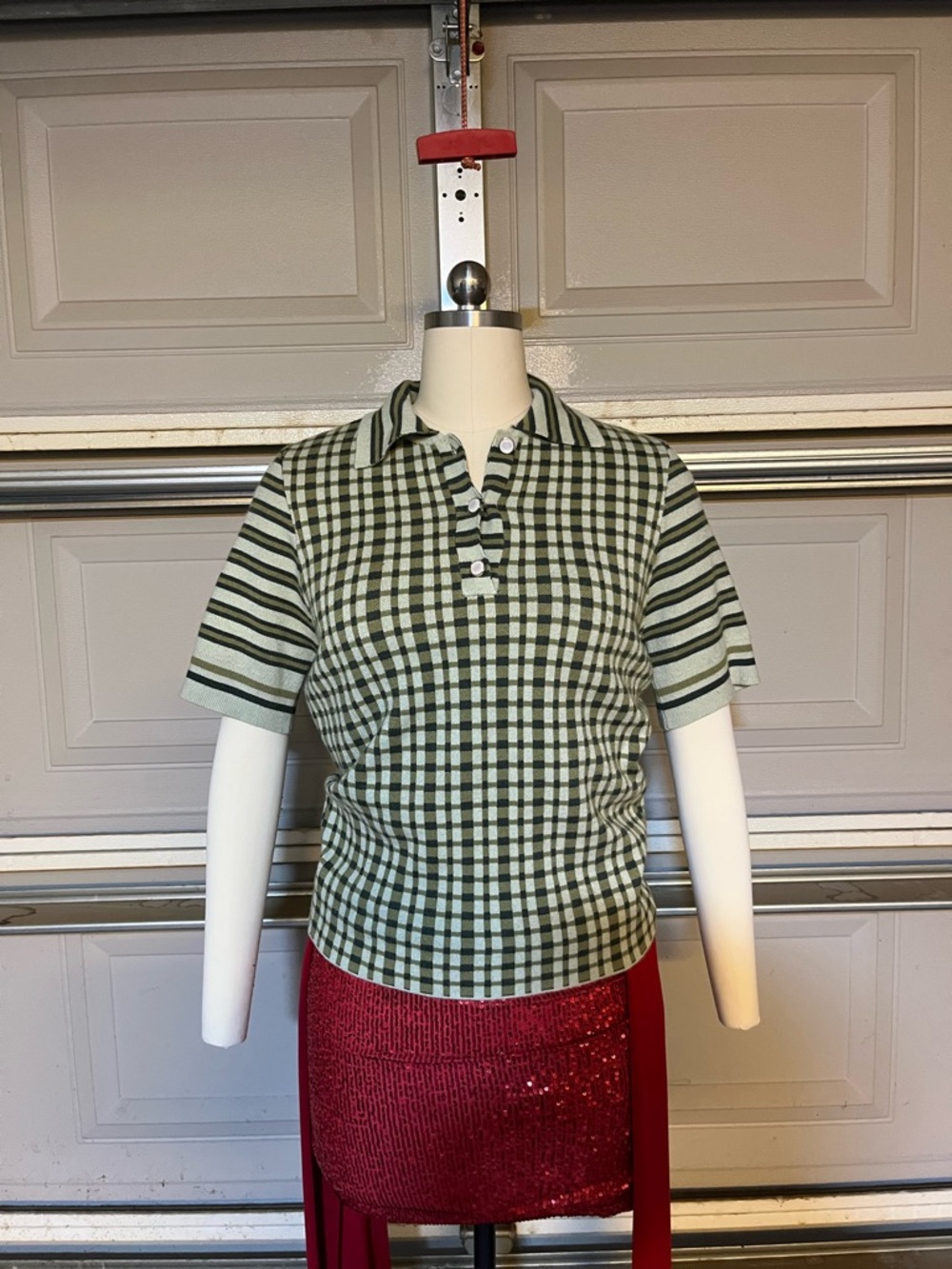 Women's Green Checked Polo Knit Top with Stripe Sleeve Detail